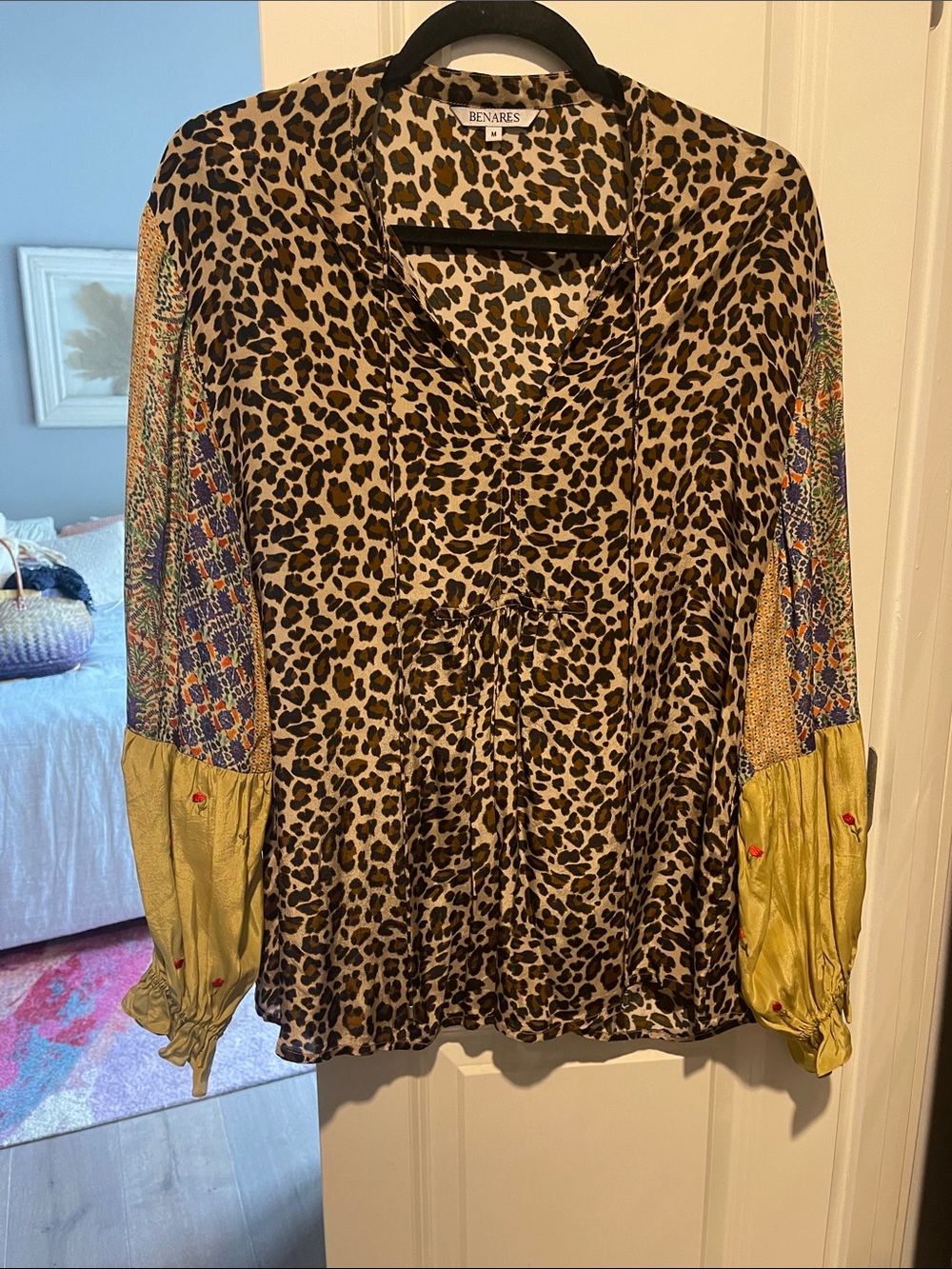 Benares Women's Leopard Print V-Neck Blouse with Gold Accent Sleeves